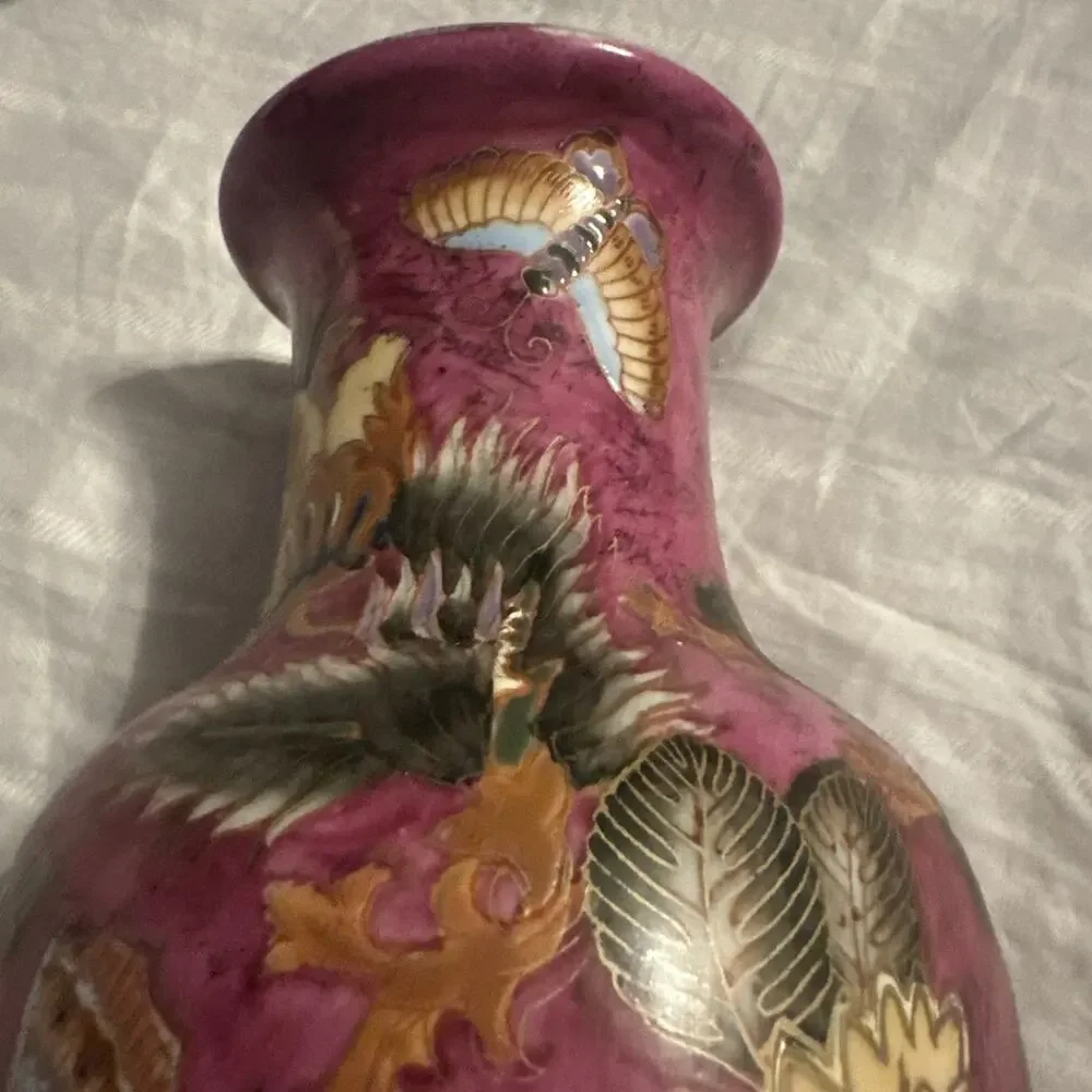 Vintage WBI Chinese Vase Porcelain Floral Design Blue Pink 12” Tall Gold Outline